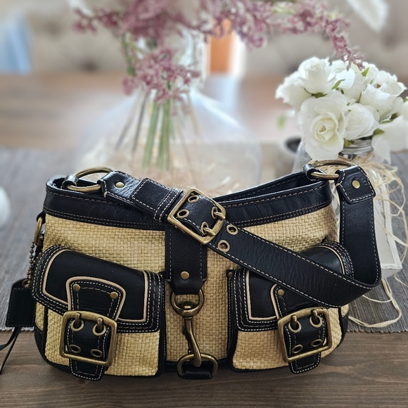 Vintage Coach Legacy Leather Trimmed Manufactured Straw Hobo Shoulder Bag - Picture 12 of 16